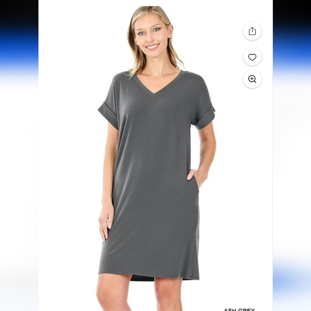 Zenana Rolled Short Sleeve V-Neck Midi Trapeze Tunic Dress Casual Loose Fit Med